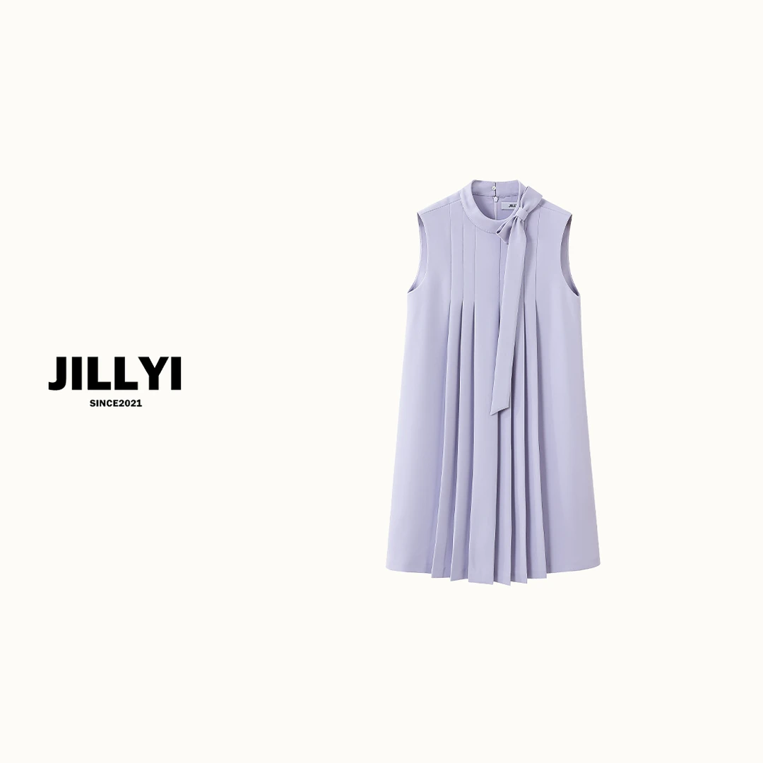 JILLYI【雾霾奶蓝】夏季时尚褶皱设计雾霾蓝绑带半立领无袖连衣裙