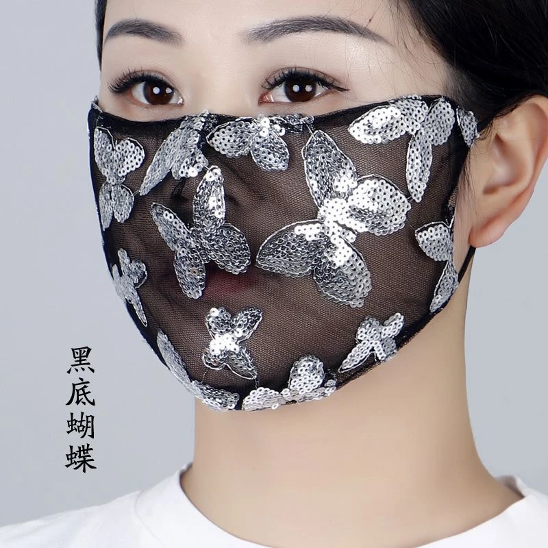爆款新款国风口罩新款重工刺绣防晒透气蕾丝亮片立体不化妆面纱