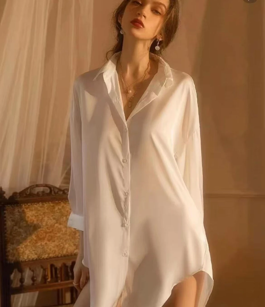 高级阳光缎纯欲性感睡裙宽松高定春夏居家网红衬衫宽松大码