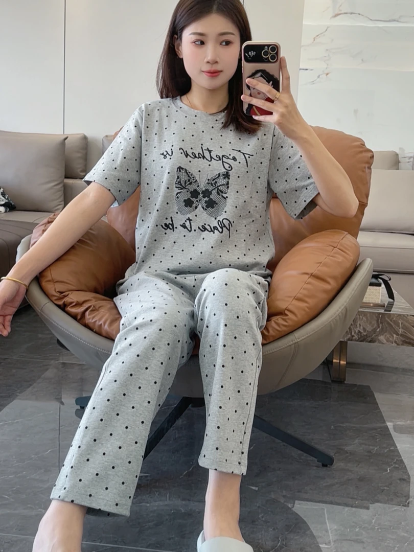 5506带胸垫{拍一发三}夏季女士睡衣短袖长裤套装(灰色黑蝴蝶)