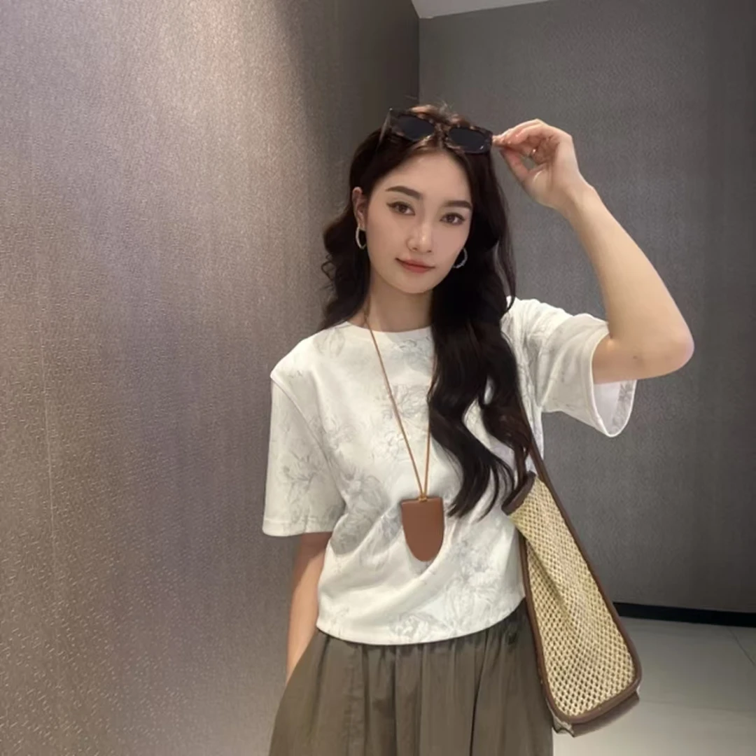 GIRDEAR/哥弟夏季宽松短款清冷欧若新中式气质简约印花T恤1300790