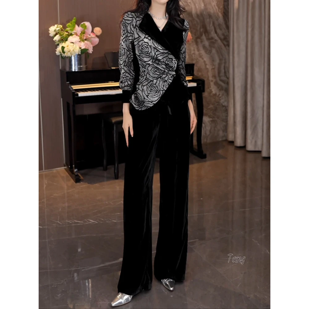 名媛干练气质女装套装2025秋新高端设计撞色拼接印花丝绒上衣长裤