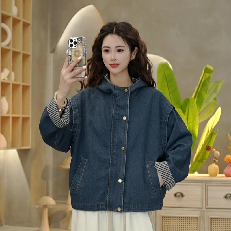 8822 春季新款时尚连帽牛仔外套格子拼接女性休闲上衣