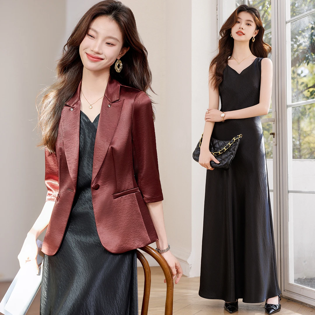 七分袖西装外套女春夏2025新款时尚醋酸缎面西服吊带裙套装