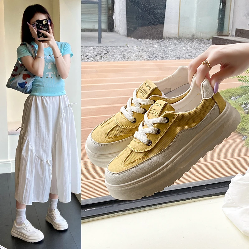 网面透气休闲鞋女鞋子2025新款夏季厚底板鞋黄色薄款运动小白网鞋