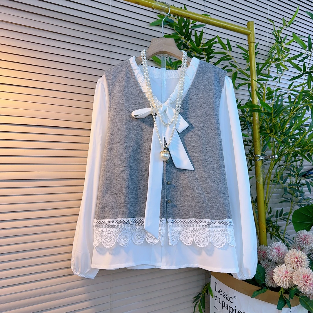 896胖妹妹欧货时尚甜美减龄蕾丝花边马甲叠加蝴蝶结衬衫两件套