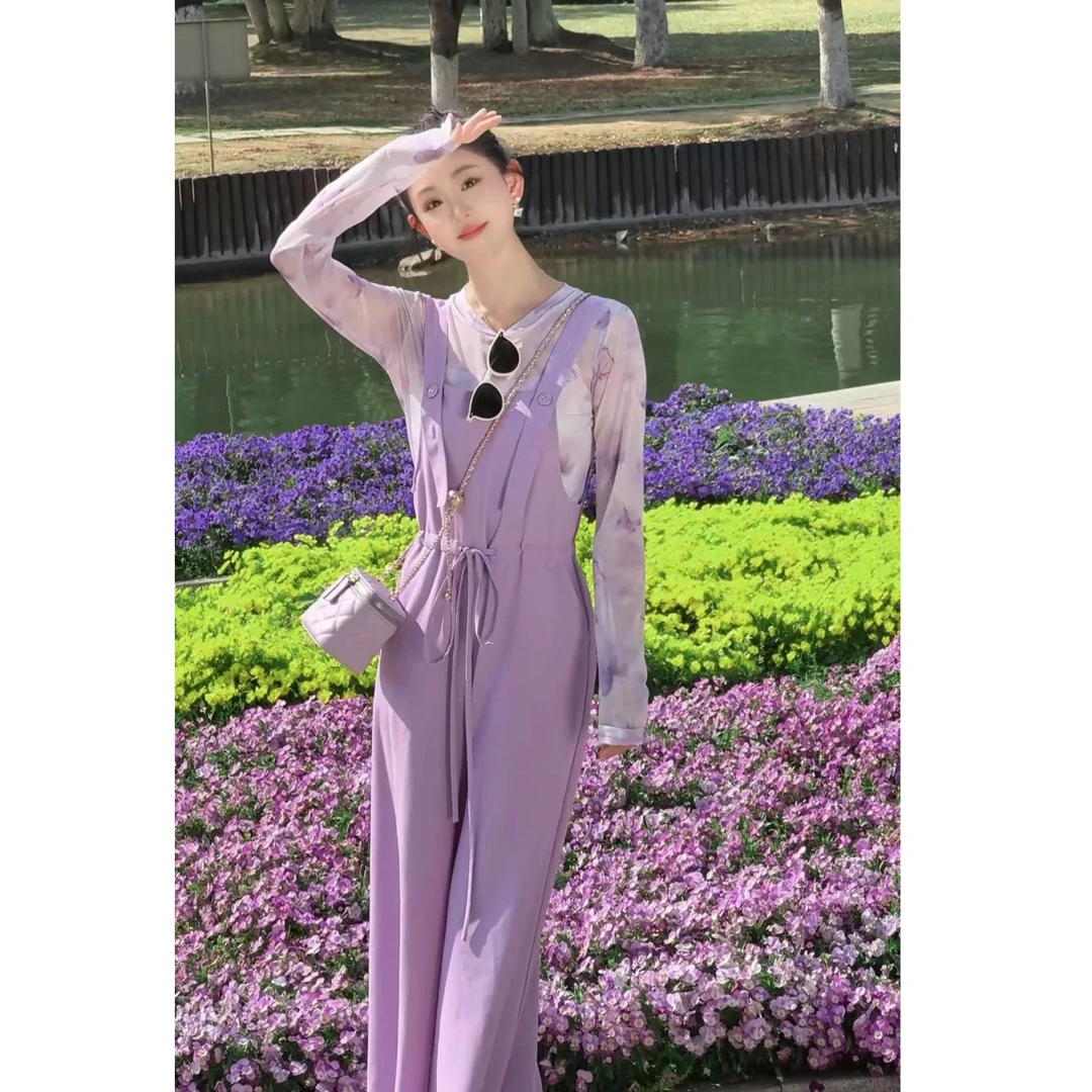 【北栀】【盛夏晚风】时尚百搭印花小衫背带裤套装814504+814533