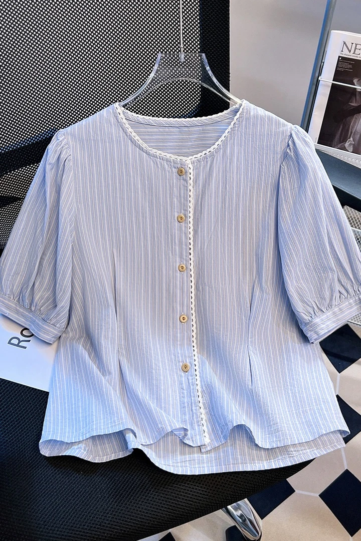 2025夏季法式花边泡泡袖条纹短款收腰上衣气质洋气设计感