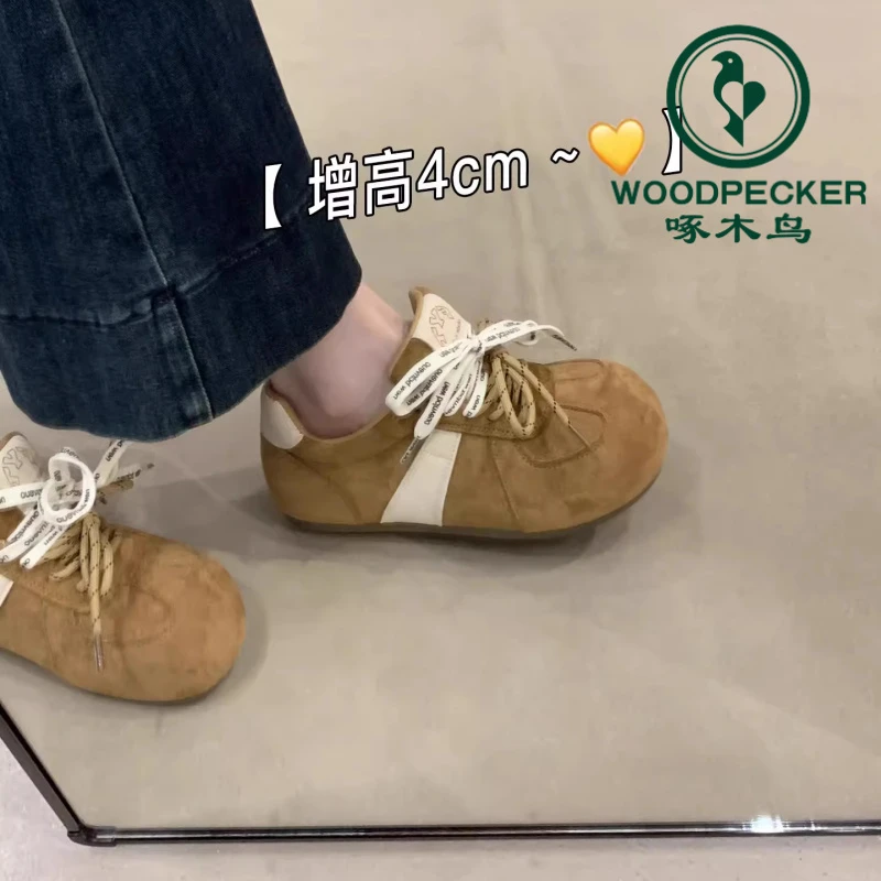 啄木鸟复古双鞋带德训鞋女2025秋季新款厚底内增高休闲百搭面包鞋