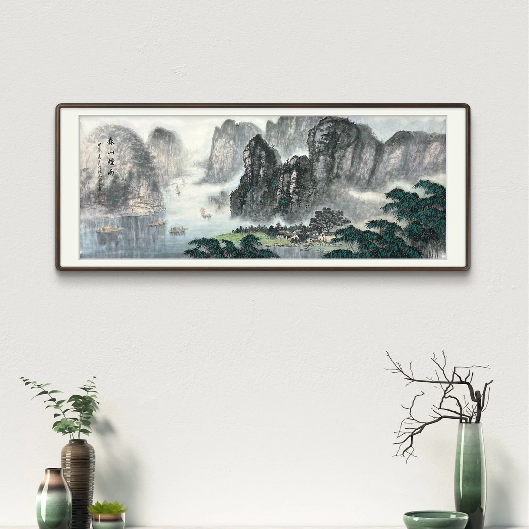 云峰秀丽峡江青绿山水手绘客厅沙发背景墙挂画装饰画国画小六尺