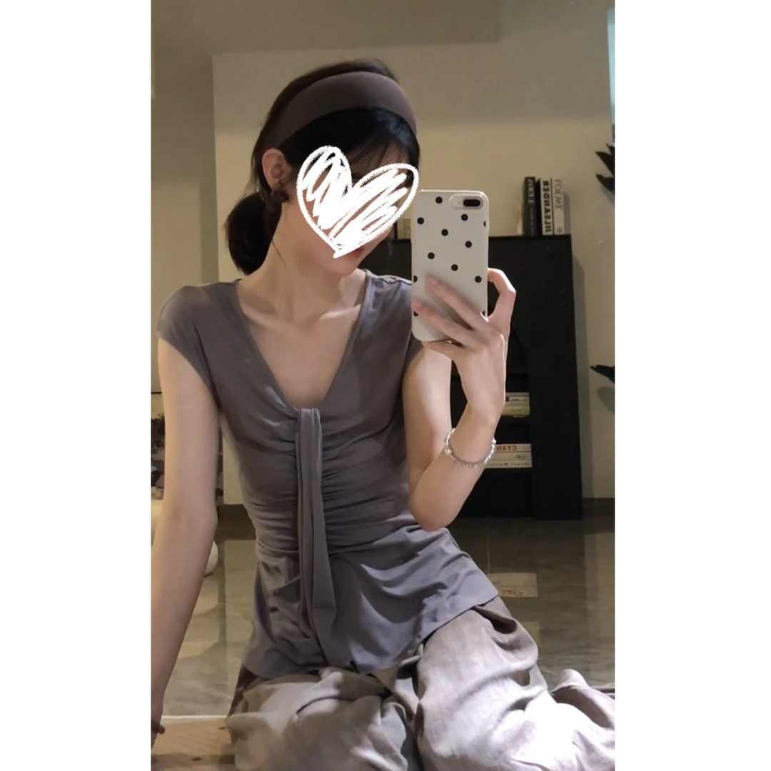 设计感V领皱褶莱赛尔冰感短袖T恤高腰皱褶休闲裤#9237