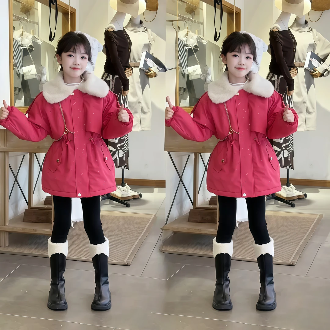 (星星闪闪)女中大童收腰派克服冬装新款儿童加厚棉服女孩时髦外套