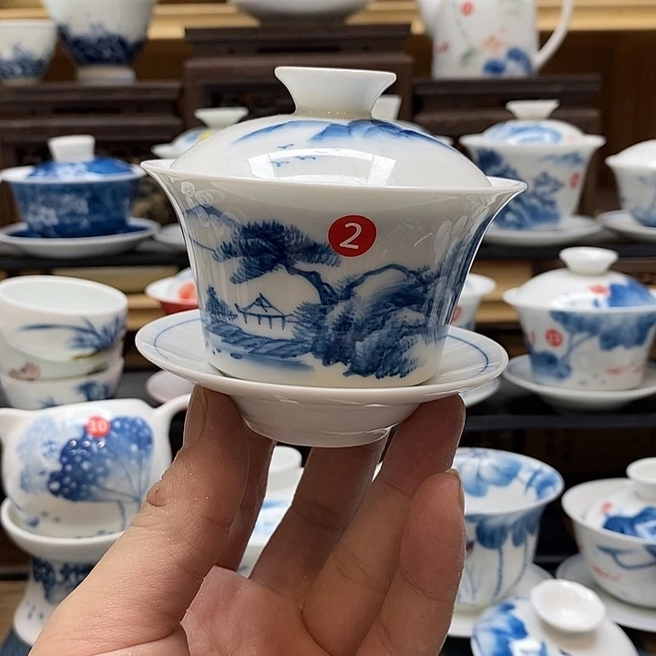 手绘微瑕山水盖碗