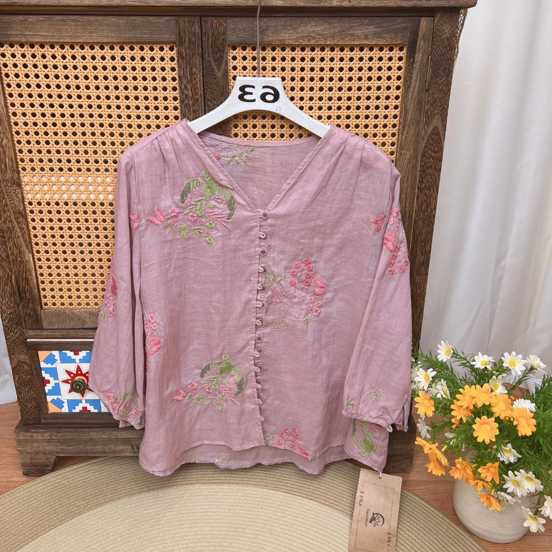[063拍这里]复古国风刺绣印花亚麻小衫女2025夏新款上衣女休闲风