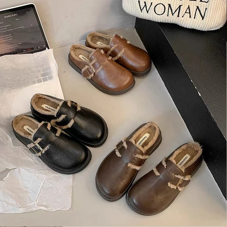 厚底毛毛拖鞋女外穿皮面勃肯鞋女2025新款秋冬一脚蹬包头半拖棉拖