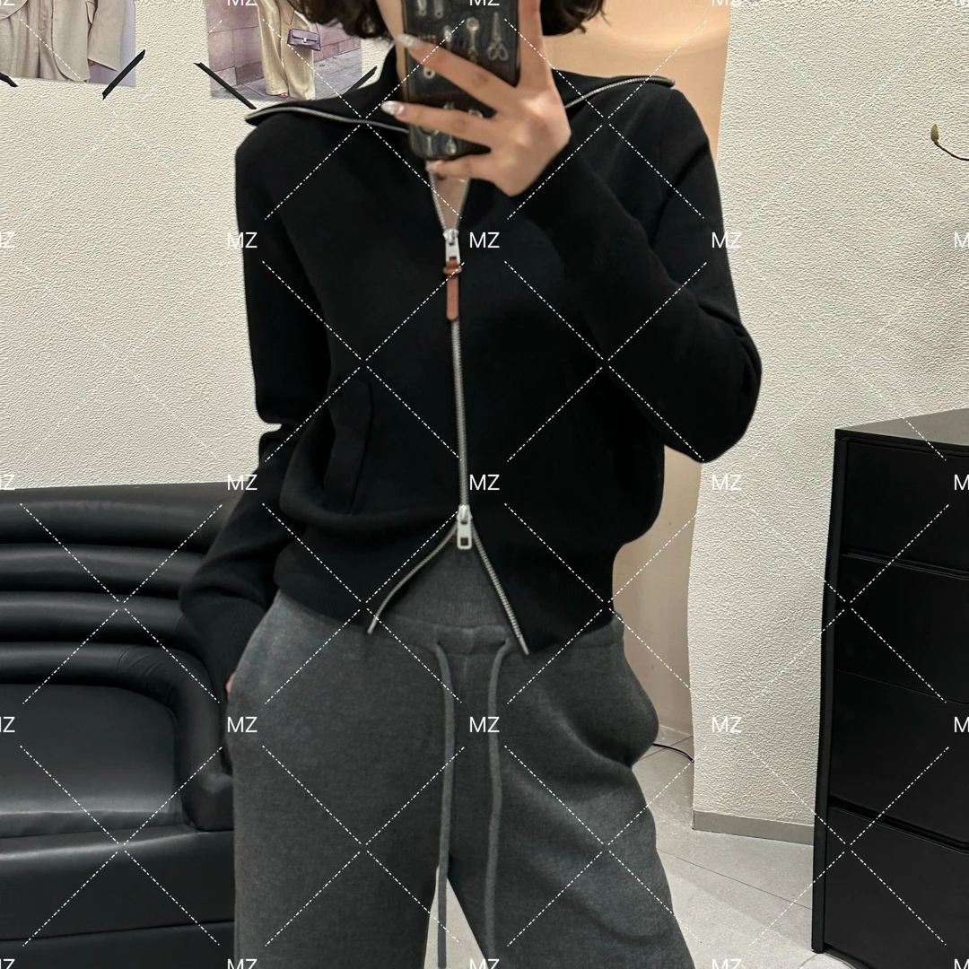 设计感翻领双拉链针织开衫A738