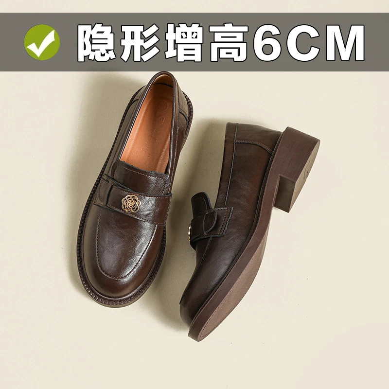 寂静山茶花圆头英伦小皮鞋女黑色厚底新复古通勤内增高女鞋乐福鞋