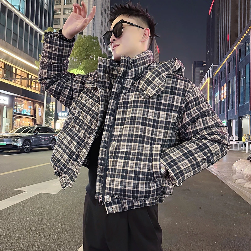 设计感时尚拼接格子男士加厚夹克秋冬新款潮流休闲百搭上衣男外套