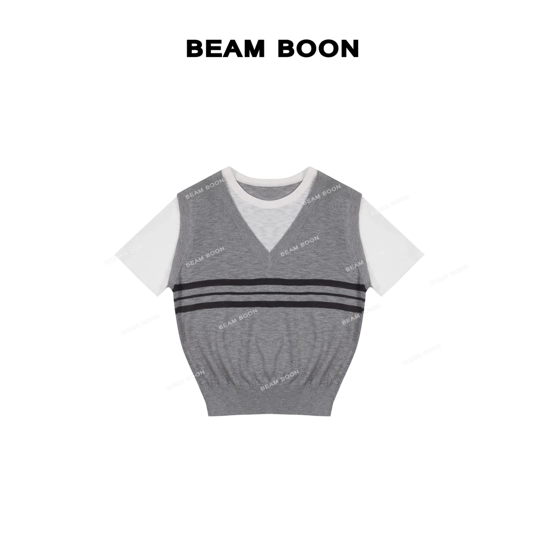 Beam Boon【雪花竹坊】学院风竹节肌理假两件拼接撞色条纹针织上衣