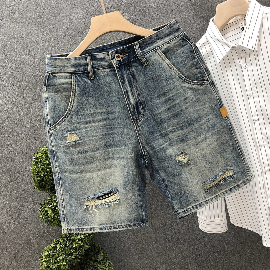 高端破洞牛仔短裤男夏季潮牌五分裤2025夏季新款男士薄款半截裤子