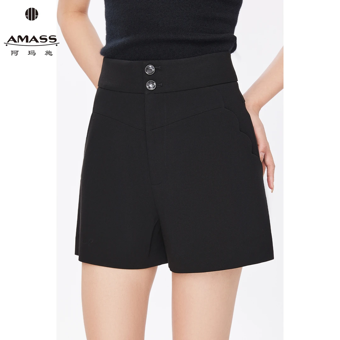 AMASS/阿玛施经典气质百搭黑色两粒扣时髦简约中高腰短裤 5100427