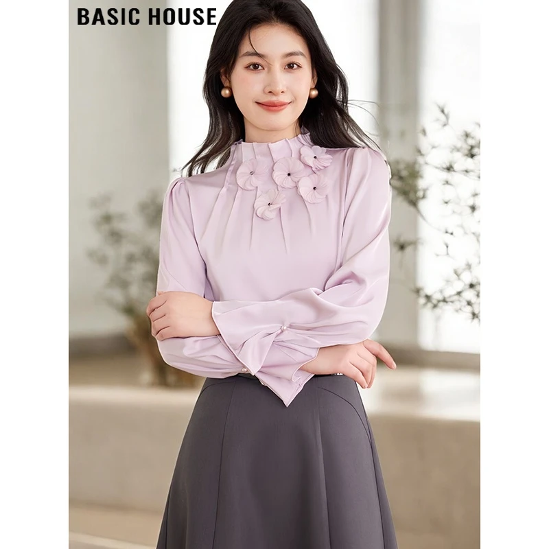 Basic House/百家好花朵设计紫色雪纺衫女2025早秋新款喇叭袖衬衫