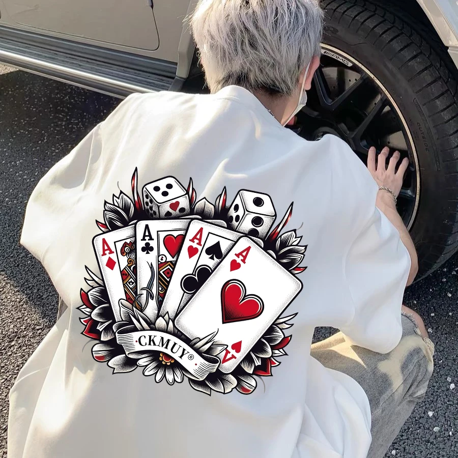 100%重磅纯棉短袖T恤男装夏宽松潮酷流行扑克印花半袖男女同款NW9