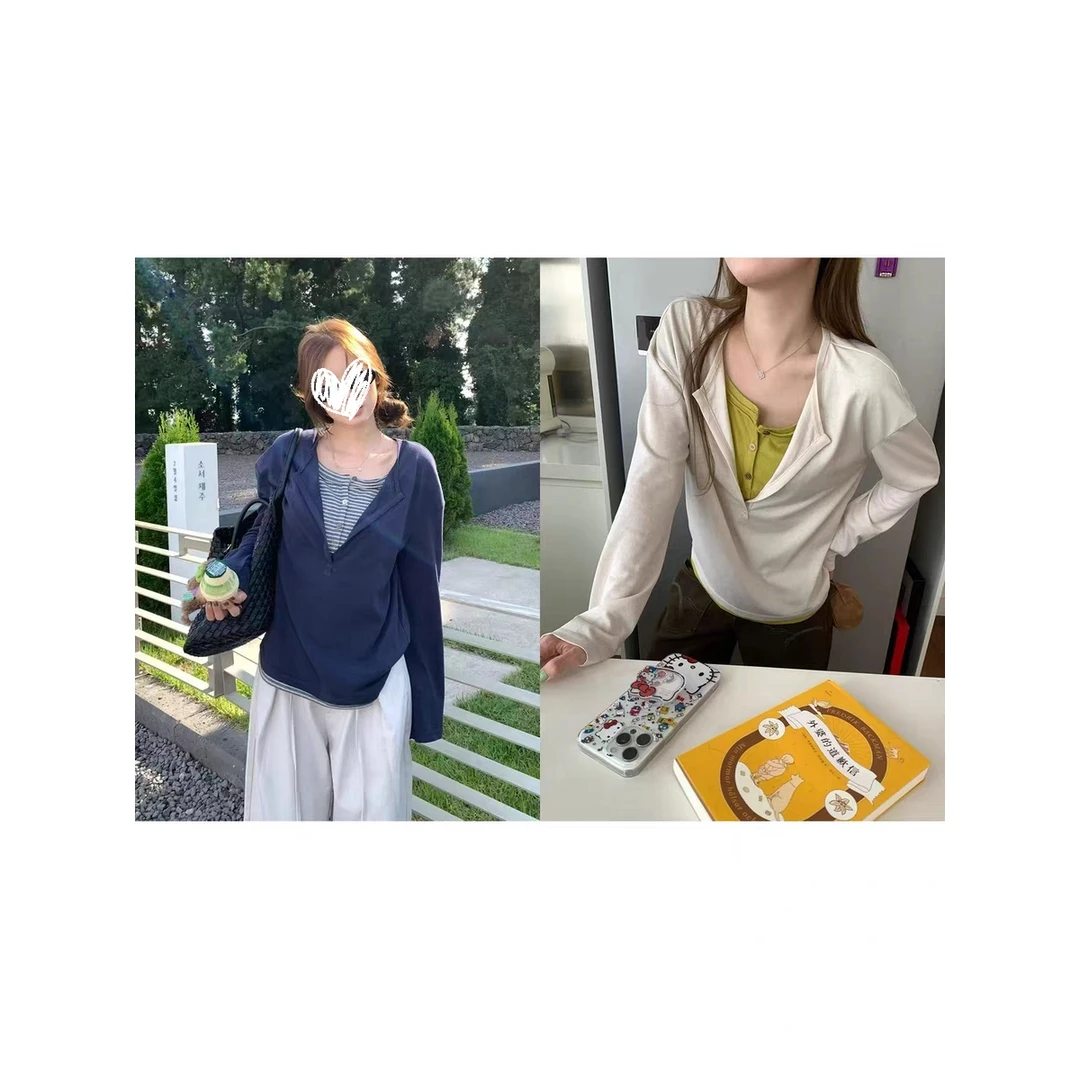 轻氧多巴胺’撞色翻边假两件圆领长袖t恤秋季内搭撞色打底衫女
