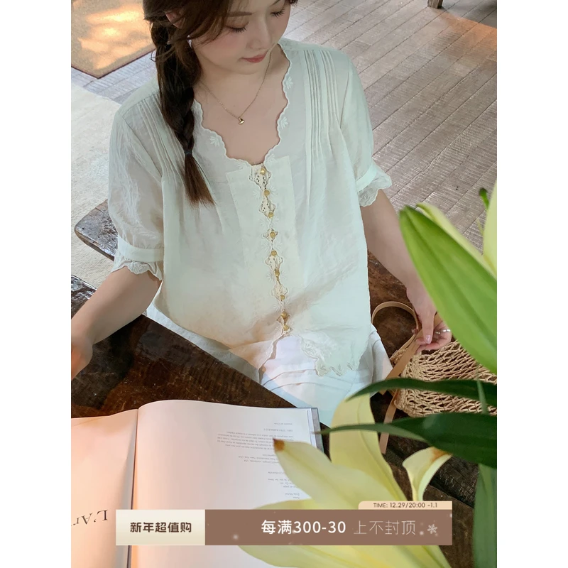 【ALINDM年终大清仓】胖mm甜美小衫200斤减龄刺绣短袖衬衫AS25498