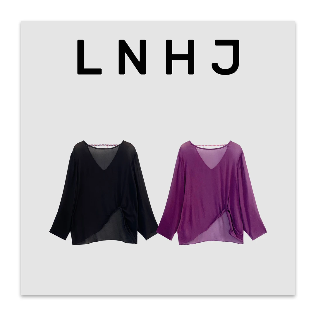 LNHJ【信笺】气质时尚设计感下摆不规则真丝麻花拼接长袖T恤