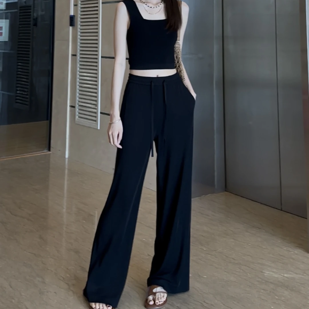 阿玛施冰丝裤薄 显瘦休闲黑色垂感宽松夏季简约百搭直筒裤5100586