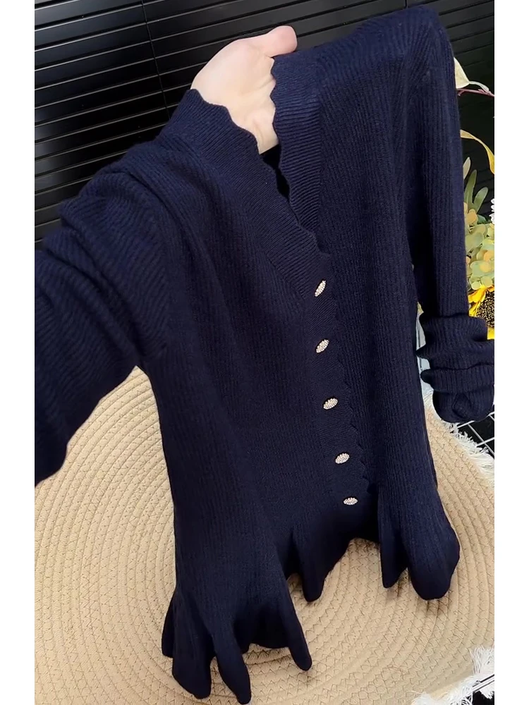 韩系复古纯欲辣妹风v领单排扣针织长袖女秋季新款修身显瘦上衣潮