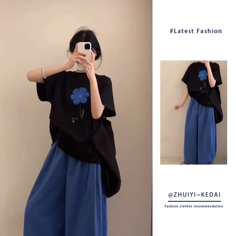 夏季时尚套装女2025新款韩版宽松正肩短袖t袖百搭阔腿裤两件套装