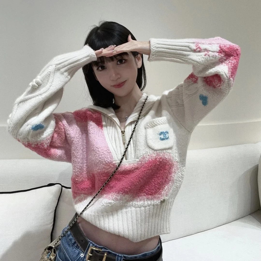 99新 Chanel/香奈儿 vem471 拼色Logo高领长袖羊绒衫 34码 羊绒