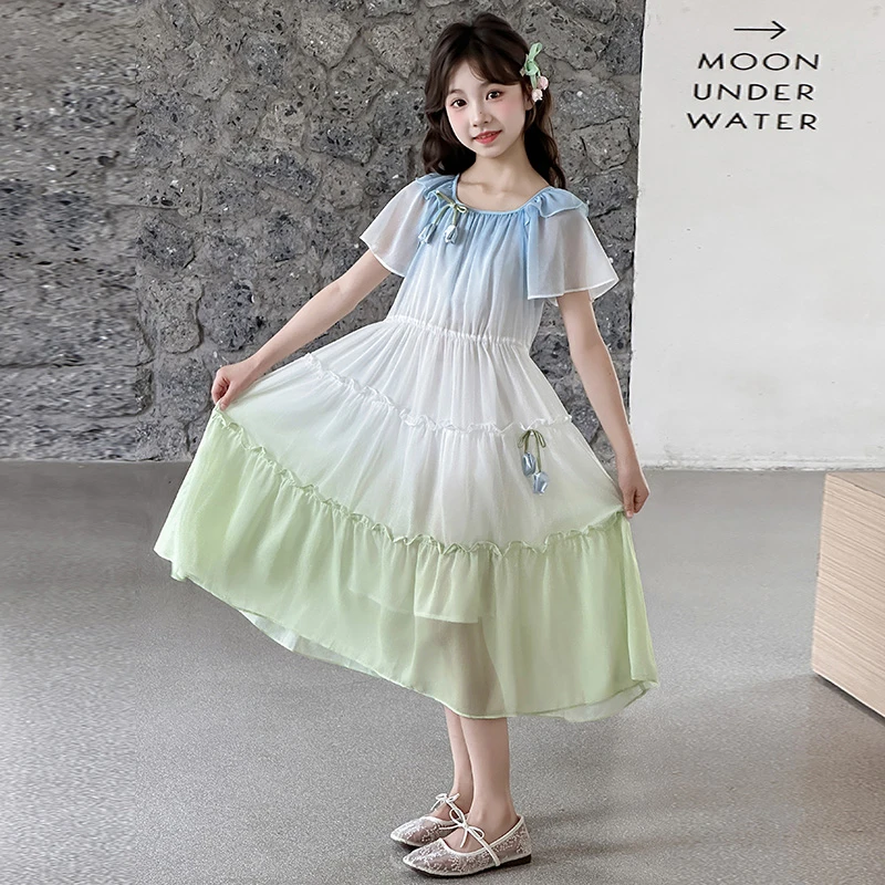 女童雪纺连衣裙2025夏季新款中大童洋气轻薄渐变色纱裙女孩公主裙