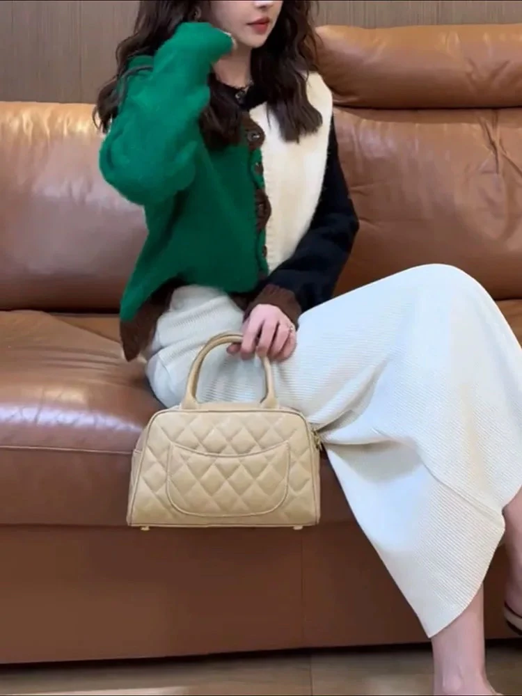 〔绿拼白开衫〕【不可机洗】冬季新款欧货撞色百搭针织开衫