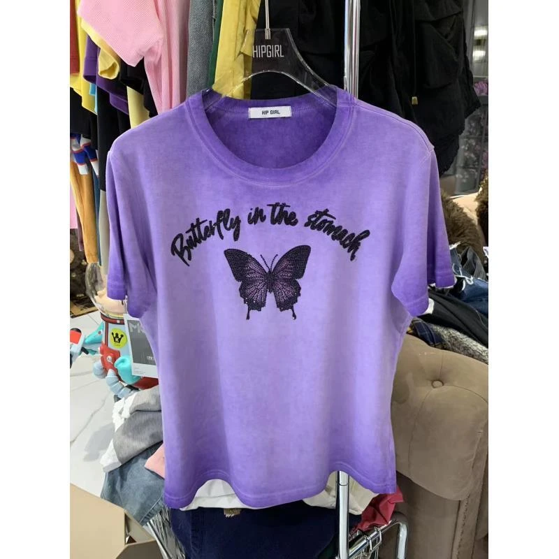 【W1012紫色蝴蝶钻】短袖t恤女打底半袖休闲夏季2025款重工爆款