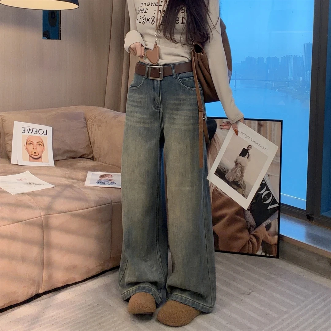 香朵儿【街头入场券】韩系加绒加厚高腰牛仔宽松显瘦牛仔阔腿裤