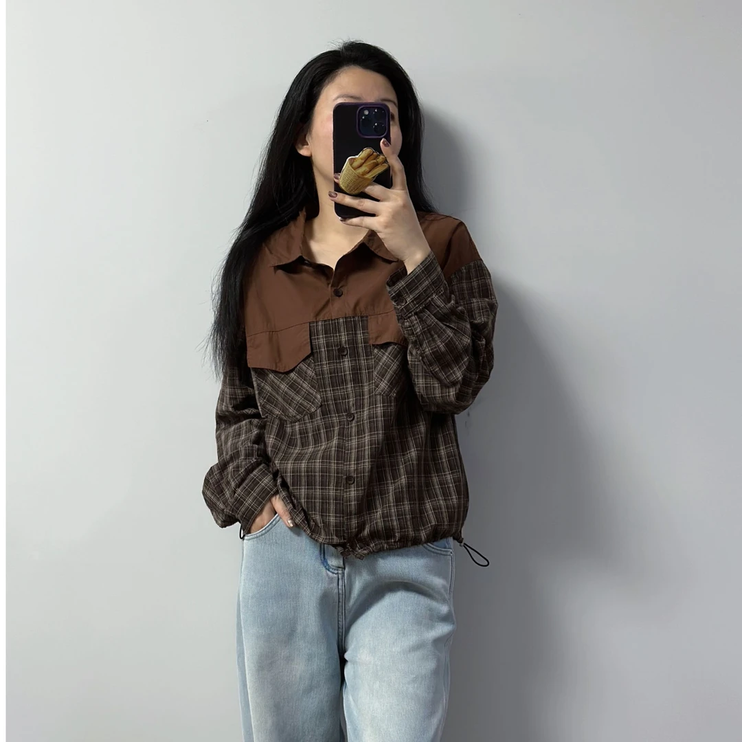 棉麻拼接格子长袖衬衫女2025秋新款时尚洋气宽松下摆抽绳衬衣上衣
