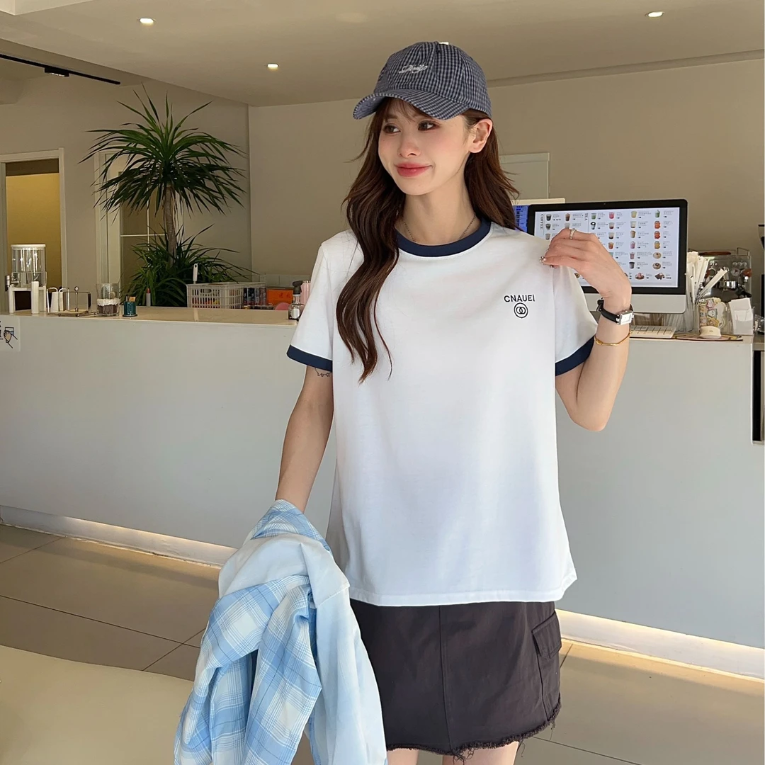 D159夏季新款韩版休闲百搭简约刺绣字母女士圆领短袖25-73