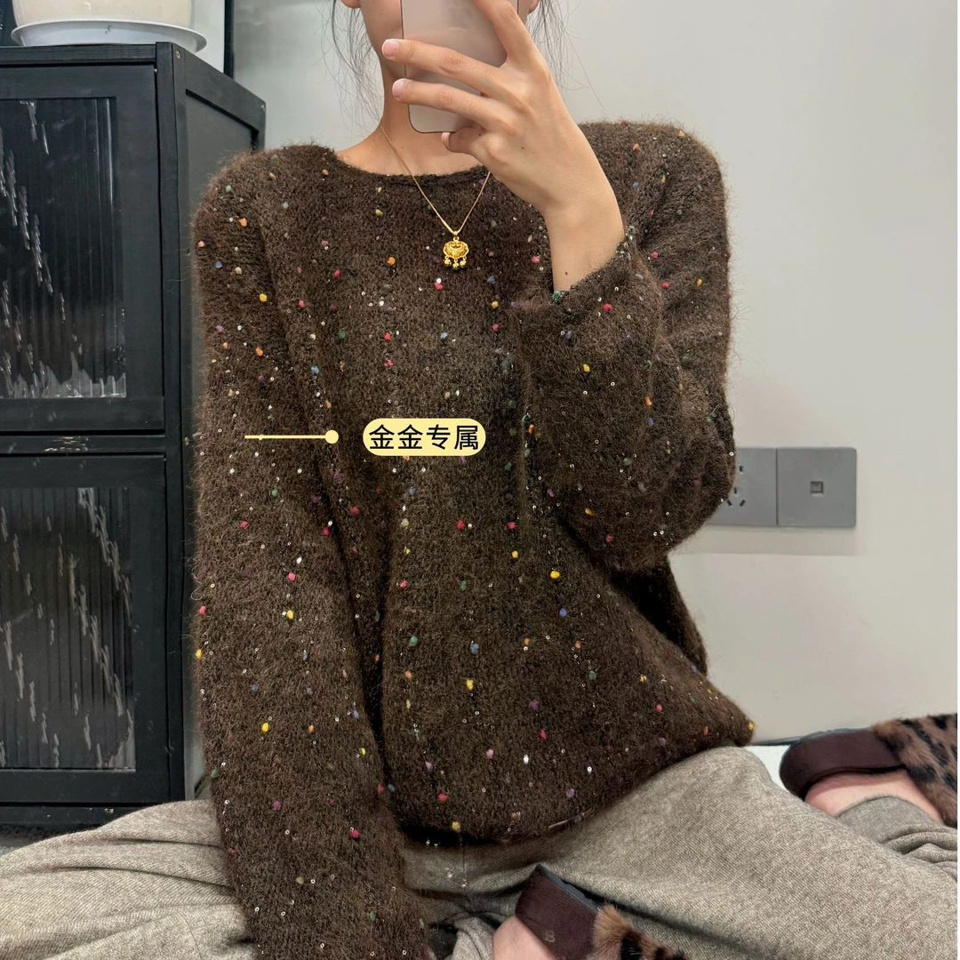 时尚彩色球球亮片卷边毛衣女秋冬季韩版一字领慵懒风针织衫