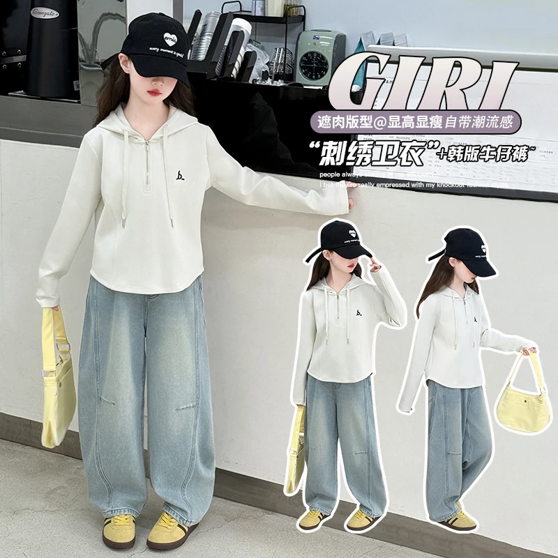 女童长袖T恤弯刀牛仔裤春秋2025新款6-12岁潮女孩洋气休闲两件套