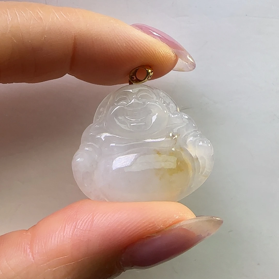 翡翠18K金镶嵌颈饰天然缅料A货 肚里藏金佛公