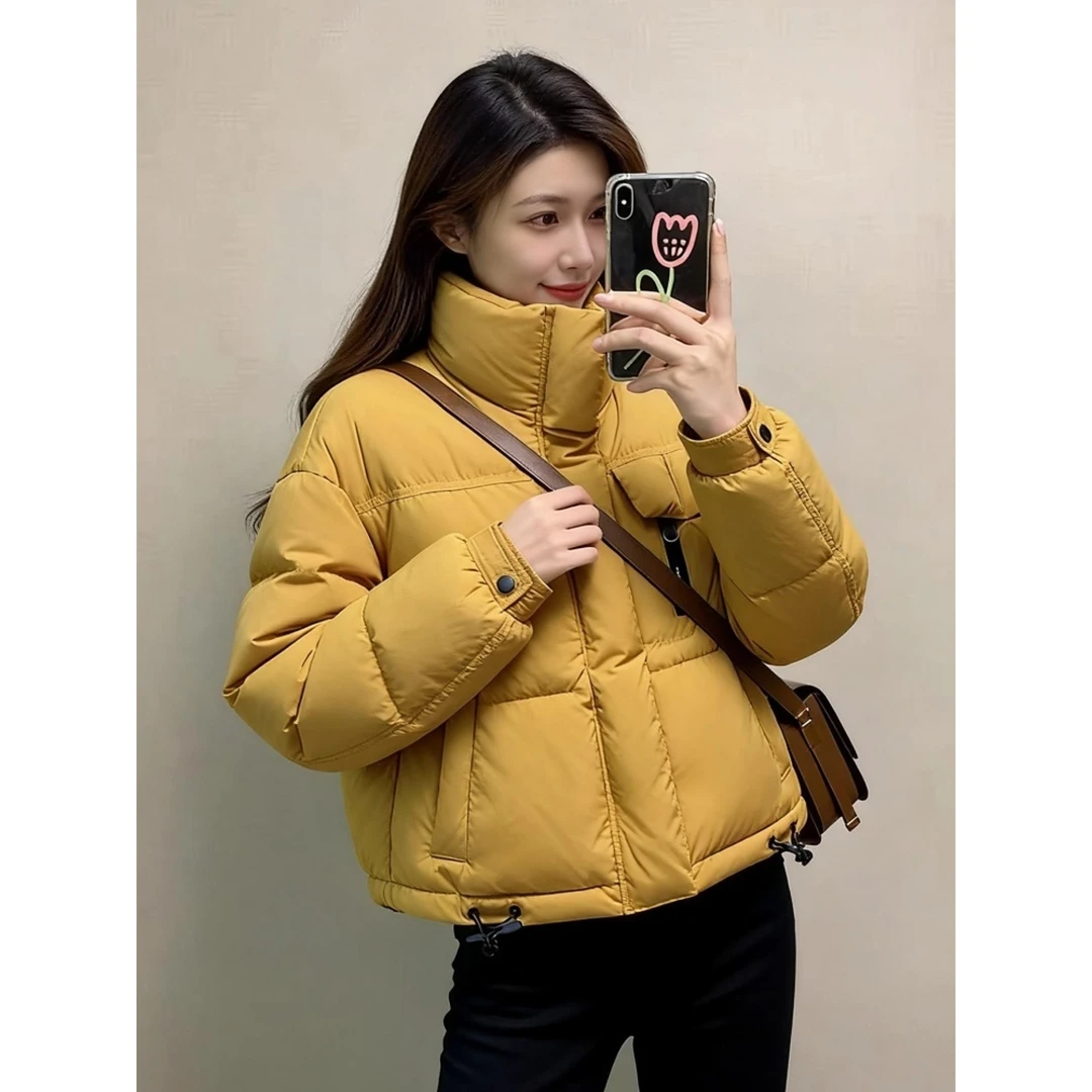 姜黄色立领羽绒服女款冬季简单气质高级显瘦宽松巨好看的夹棉外套