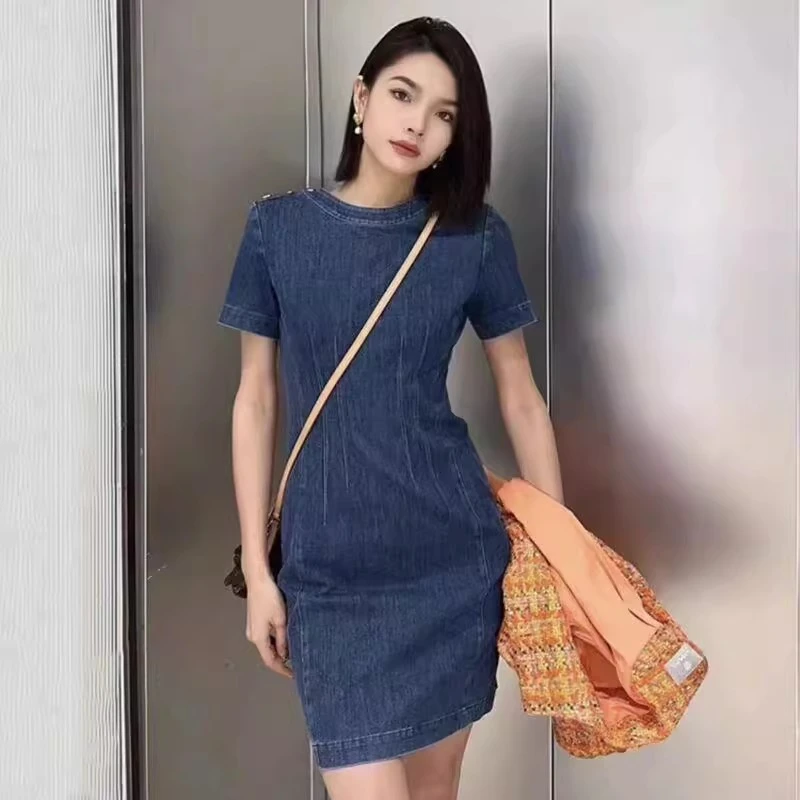 【专柜品质】春夏新款气质百搭修身短袖牛仔连衣裙女5500457