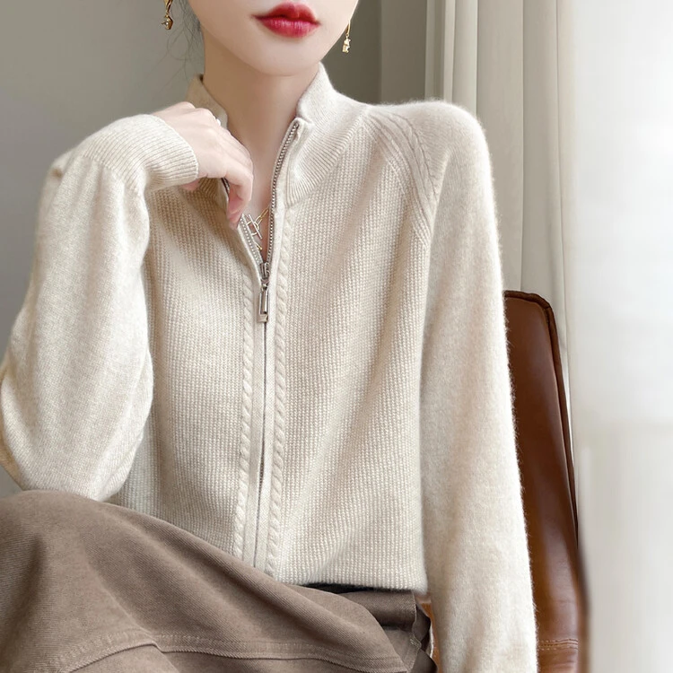 皮尔卡丹羊毛衫女纯羊毛外套女秋2025新款毛衣宽松拉链针织开衫加