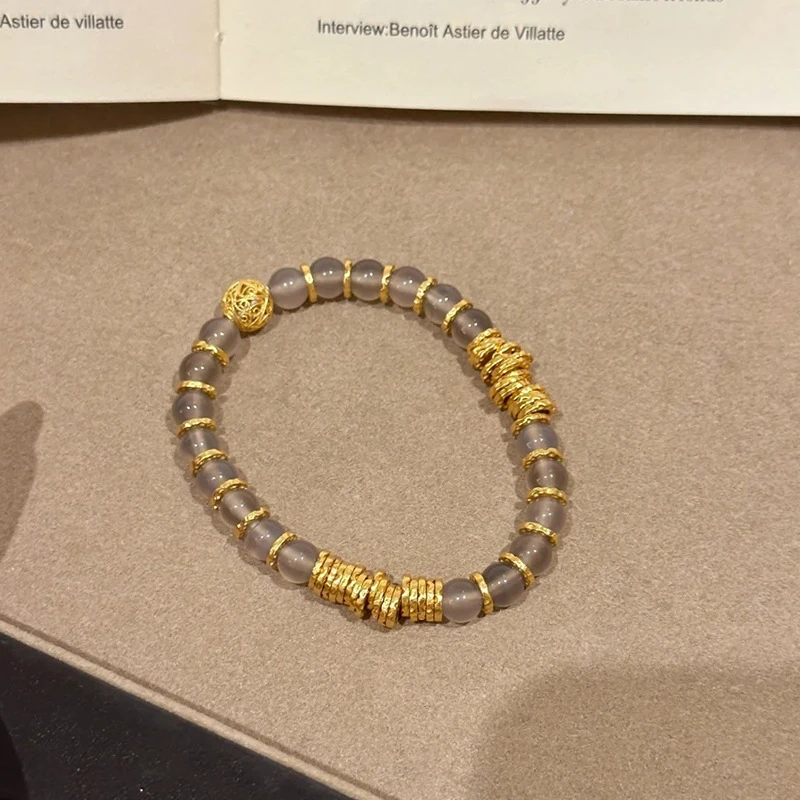 铜合金手链 金色花丝绣球圆珠手链串珠手饰女新款轻奢高级感手镯