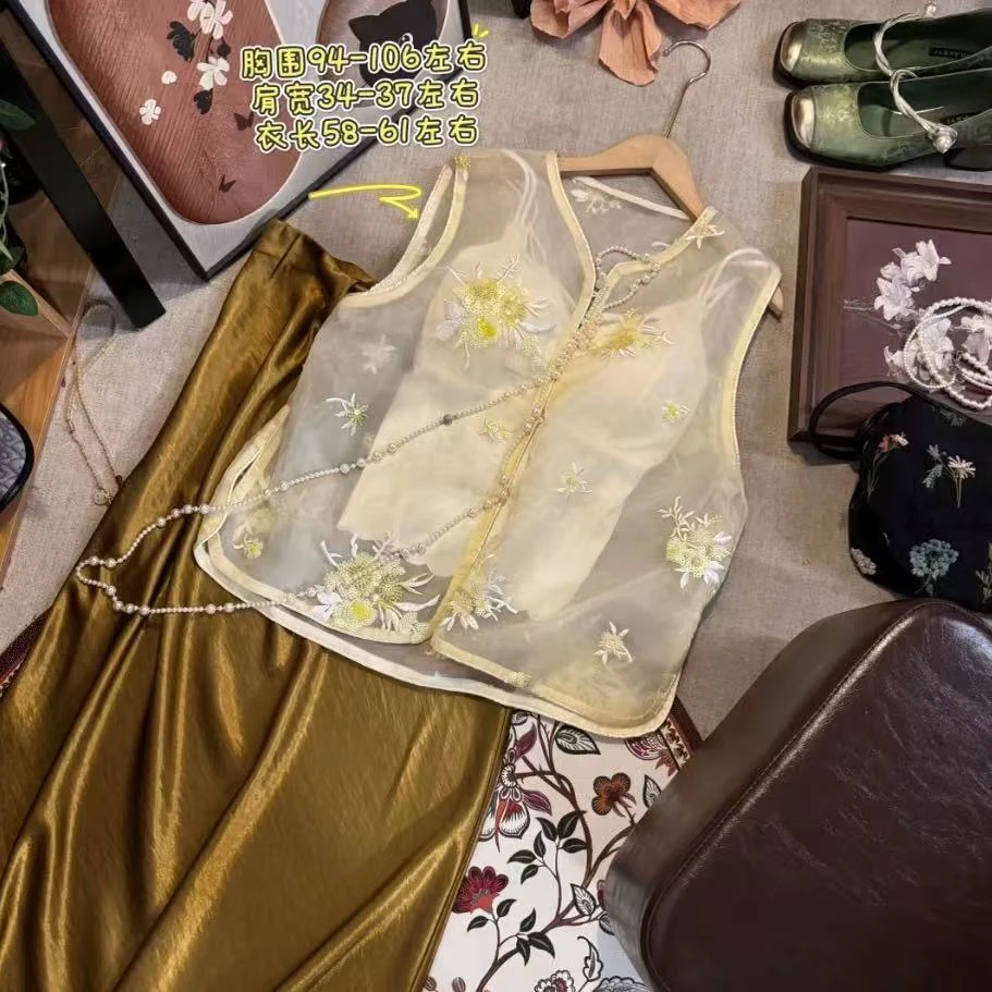 216马夹马甲刺绣串珠薄款单排扣中式提花上衣工字型