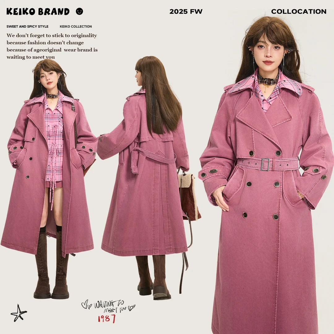 KEIKO 树莓粉色水洗廓形长款风衣外套25秋冬松弛感双排扣系带大衣