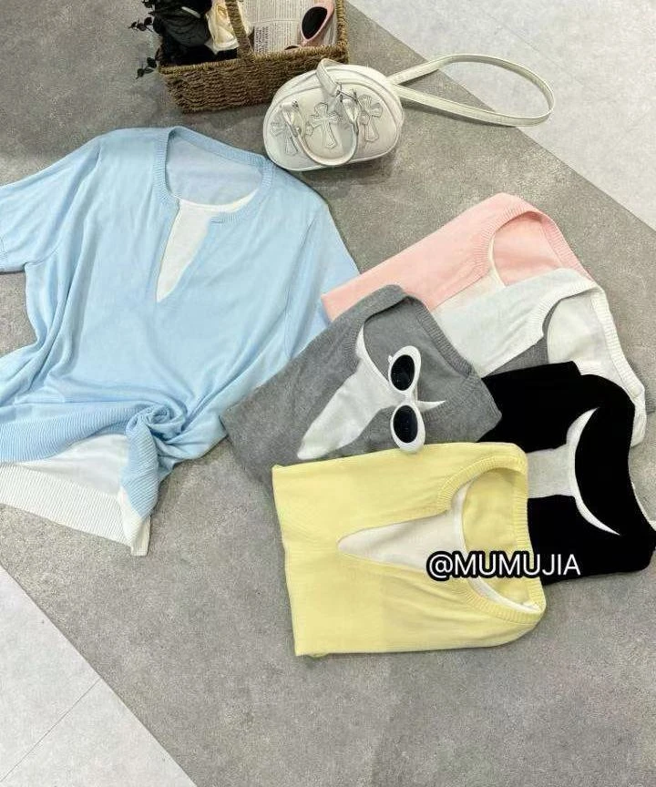 【蜜爷家】假两件V领针织短袖605#